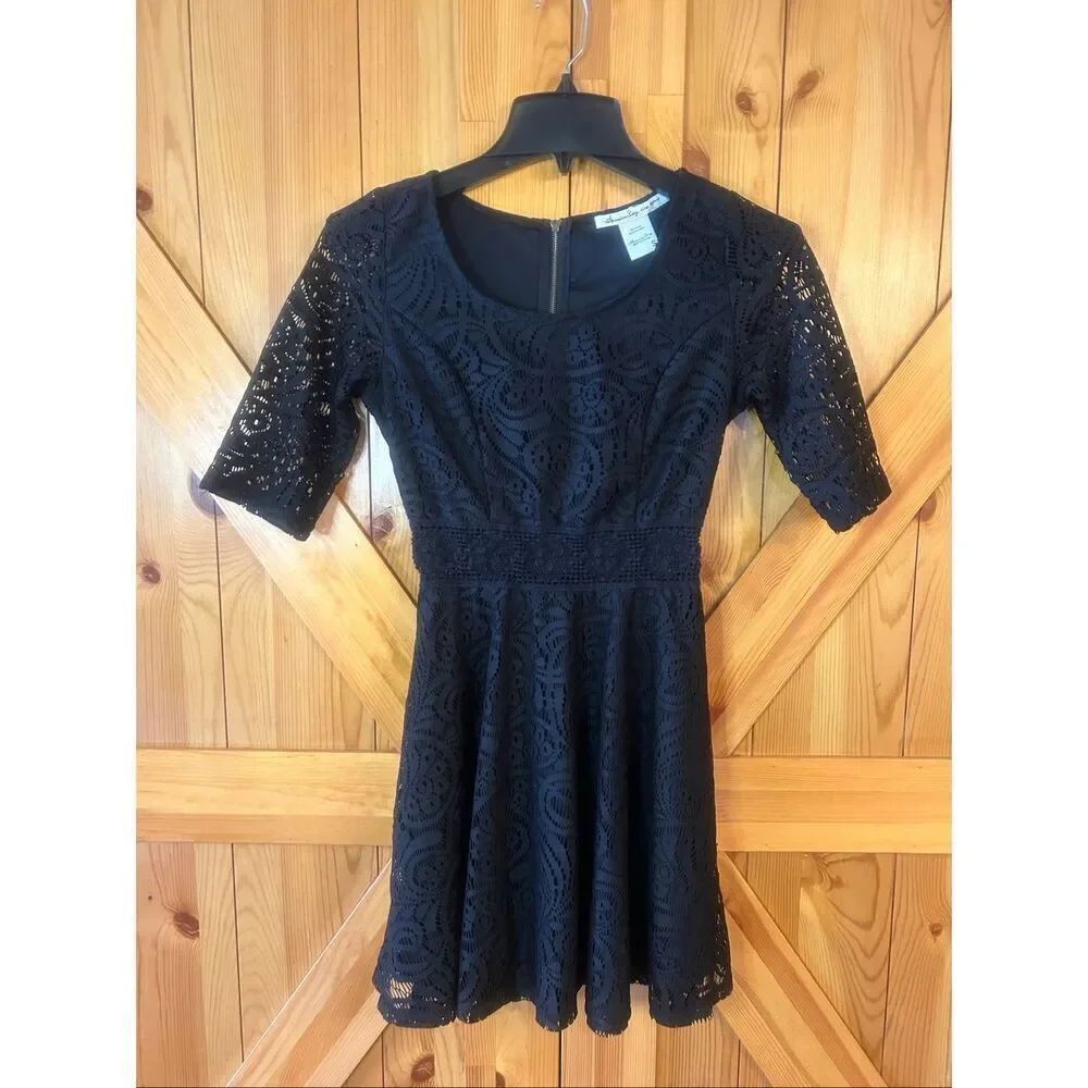 American Rag Cie Lined Black Floral Lace 3/4 Sleeve Crotchet Dress Size Small (5